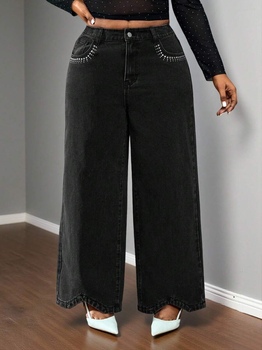 Truni Quần jean denim ống rộng màu đen giặt cỡ lớn cho nữ, chi tiết kim loại đính đá, thích hợp cho tiệc tùng, hẹn hò, đi làm/2026/Năm mới - màu đen - Xem 1