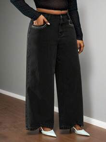 Truni Quần jean denim ống rộng màu đen giặt cỡ lớn cho nữ, chi tiết kim loại đính đá, thích hợp cho tiệc tùng, hẹn hò, đi làm/2026/Năm mới - màu đen - Xem 3