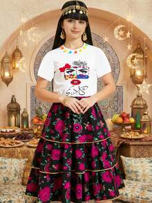 2pcs/Set Tween Girl Round Neck Puff Sleeve Colorful Rose Mask Print Top And Floral Print Cake Skirt, Suitable For Outings And Gatherings Skirt Set For Teens Skirt Set For Girls 2 Piece Sets Skirts Shirt With Skirt For Girls Printed Skirt - White - View 3