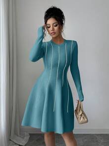 SHEIN Elenzya Autumn/Winter Korean Style Elegant Colorblock Round Neck Long Sleeve Cinched Waist Short Puff Dress - Blue - View 3