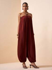 Zivah Women's Solid Color Pleated Pocket Jumpsuit, Fashionable For Daily Wear, Travel And Vacation - Brown - View 5