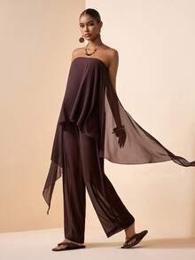 Zivah 2026 Spring/Summer New Music Festival, Easter, St. Patrick's Day, Valentine's Day, Date, Western, Nomadic, Birthday Party, Graduation, College, Student, Daily Wear, Basic Versatile, Casual, Vacation, Cruise Travel, Beach, Sunbathing, Viral , Streetwear, Wedding Guest Boho, Commute, Brunch, Airport, Party, Holiday Outing, Office Wear Chiffon Sleeveless Ruffle Hem Top And Pants Brown Suit - Brown - View 6