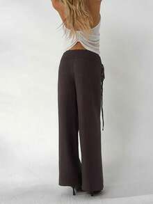 Aloruh Women's Brown Ultra Low Waist Pleated Tie Loose Straight Leg Pants, Spring/Summer - Brown - View 2