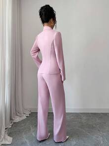 Elenzga Bộ vest thanh lịch dành cho nữ có cổ ve, tay dài, đính ngọc trai, áo suông và quần ống đứng - Hồng - Xem 2