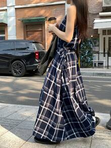 DAZY Women's Plaid V-Neck Ruched Vintage Elegant Dress, Suitable For Vacation And Dates Sundress Summer - Navy Blue - View 2