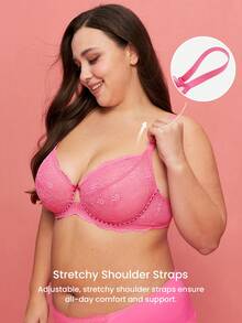 LUVLETTE Plus Full Coverage Breathable Unlined  Pink Lace Elegance & Mesh Keyhole Detail Lingerie Lounge Curve Sheer Minimizer Bridal Intimates Romantic  Valentine's Day GiftsBra - Hot Pink - View 6