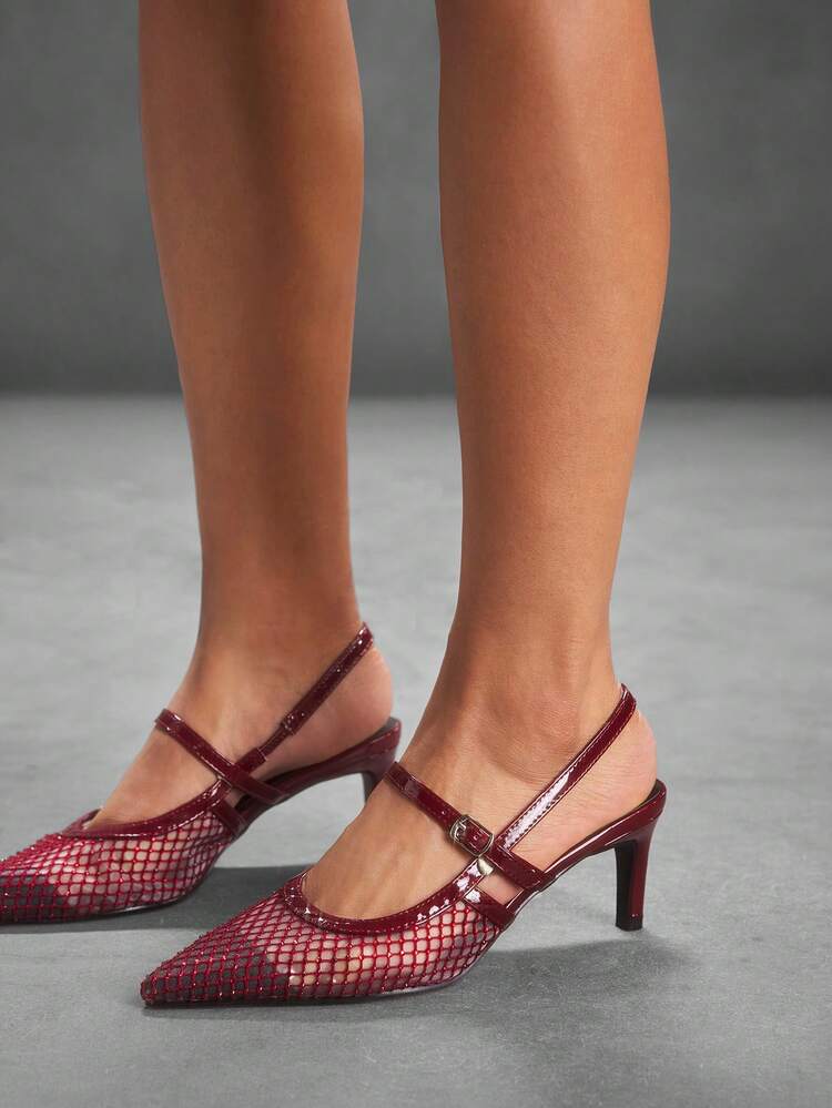 CUCCOO SZL Women's Fashion Wine Red Mesh Rhinestone Pointed Toe Slingback Flat Pumps, Suitable For Commuting, Dating, Party, Wedding, Holiday Spring Shoes Spring Break Easter Prom Heels