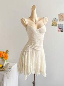 Soleia Women's Vacation Beige Knit Textured Asymmetrical Hem Ruffle Tie-Front Mini Dress, Suitable For Party, Sexy, Valentine's Day, Date, Afternoon Tea, Street, City Vacation, Western, Music Festival, Beach, Summer - Beige - View 3