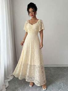 Modelyn Elegant French Style Lace Ruffle Dress, Delicate Yellow, Graceful Summer Aesthetic - Light Yellow - View 3