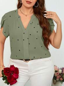 Reflora Plus Size Notch Neck Petal Sleeve Heart Print Minimalist Top Valentines - Mint Green - View 1