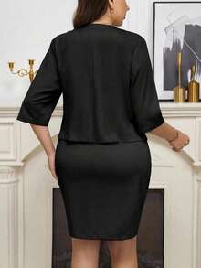 Reflora 大尺碼女款兩件套黑色優雅花卉亮片無袖洋裝與3/4袖開襟西裝外套，正式秋季晚宴辦公穿搭 - 黑色 - 查看 2