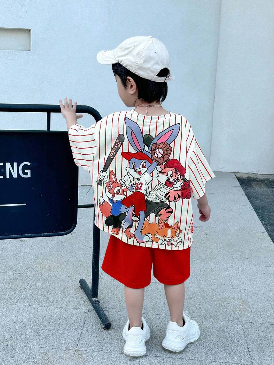SHEIN Little Byeori 2 件套年轻男孩休闲街头时尚可爱卡通动物图案超大圆领短袖 T 恤和蓝色短裤夏季服装 - 紅色 - 查看 1