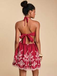 Travachic 女士花卉刺绣露背吊带性感度假连衣裙，红色，嘉年华 - 紅色 - 查看 2