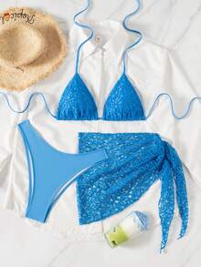 Swim SXY 3件套女士性感露背系带比基尼泳衣，适合夏季度假 - 藍色 - 查看 4