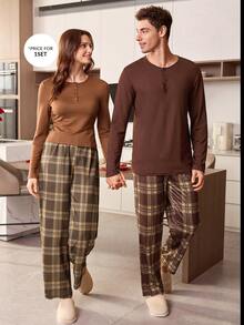 Men's Casual & Comfortable Plaid Print Button Crew Neck Long Sleeve Knit Loungewear Set, Suitable For Couples/Valentine's Day