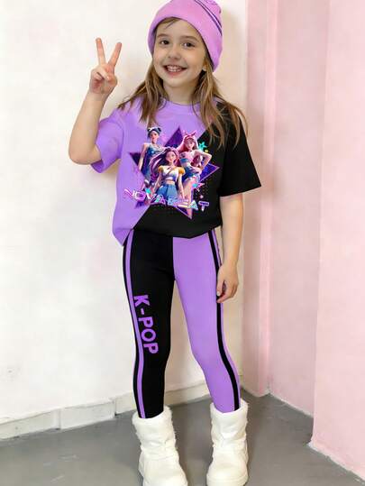2pcs Young Girls Casual Korean Style Hunter Cartoon K-POP Girl Contrast Color Graphic Short Sleeve Crew Neck T-Shirt And Skinny Pants, Girls Everyday Comfortable Outfits For Spring, Summer, Autumn