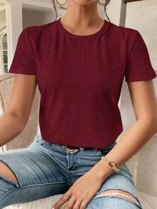 SHEIN Frenchy Camiseta de cuello redondo con bordado de ojales sólidos - Burdeos - Ver 4