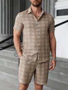 Manfinity Homme 男士纯色纽扣衬衫短裤套装，度假休闲老公装 - 卡其色 - 查看 3