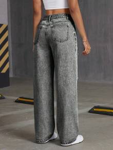 SHEIN Tall Women's High Waist Distressed Washed Straight Leg Jeans With Pockets - Light Grey - View 2