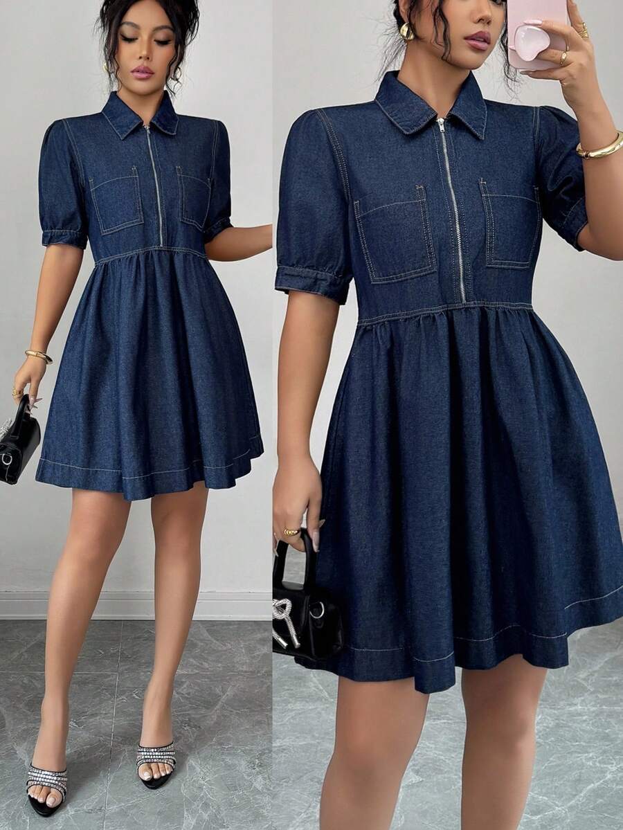 Elenzga 女士短款泡泡袖拉链休闲牛仔连衣裙 - 深色水洗藍 - 查看 1