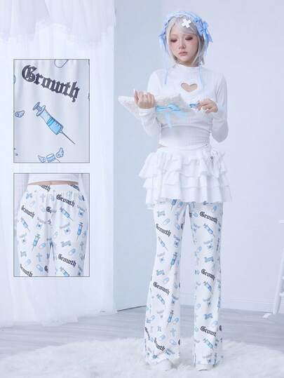 Kawaii Pantaloni casual da donna con stampa a croce di pillole della sottocultura Yandere