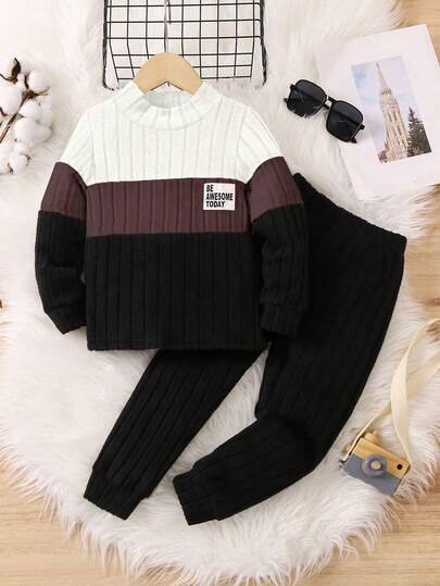 SHEIN 2pcs/Set Young Boy Colorblock Textured Ribbed Long Sleeve Top And Solid Color Pants, Autumn/Winter Casual Two Piece Set Boys Autumn Winter Casual Two Piece Set