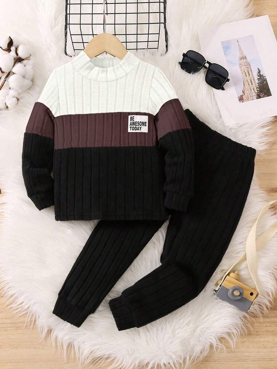 SHEIN 2pcs/Set Young Boy Colorblock Textured Ribbed Long Sleeve Top And Solid Color Pants, Autumn/Winter Casual Two Piece Set Boys Autumn Winter Casual Two Piece Set - Multicolor - View 1