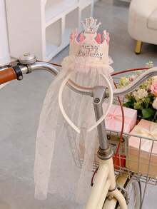 1Set Princess Pink Crown Headband With Cute 3D Veil And Fairy Mesh Hair Accessories, Suitable For Birthdays, Parties, Get-Togethers, Character Dress Up - Beige - View 2