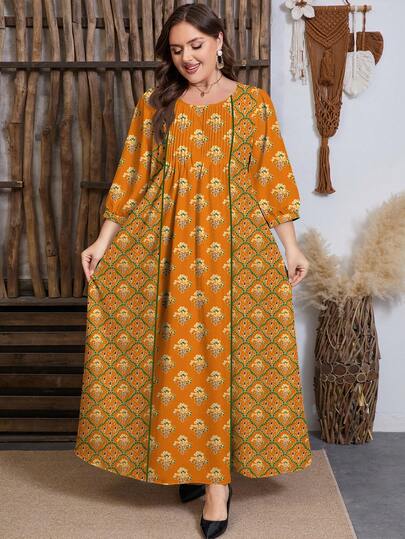 SHEIN Najma Plus Size Women's Floral & Botanical Digital Print Ruched Waist Midi Dress With Round Neck And Flared Hem, Spring