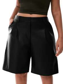 SHEIN Unity 大码女式纯色口袋休闲皮短裤 - 黑色 - 查看 5