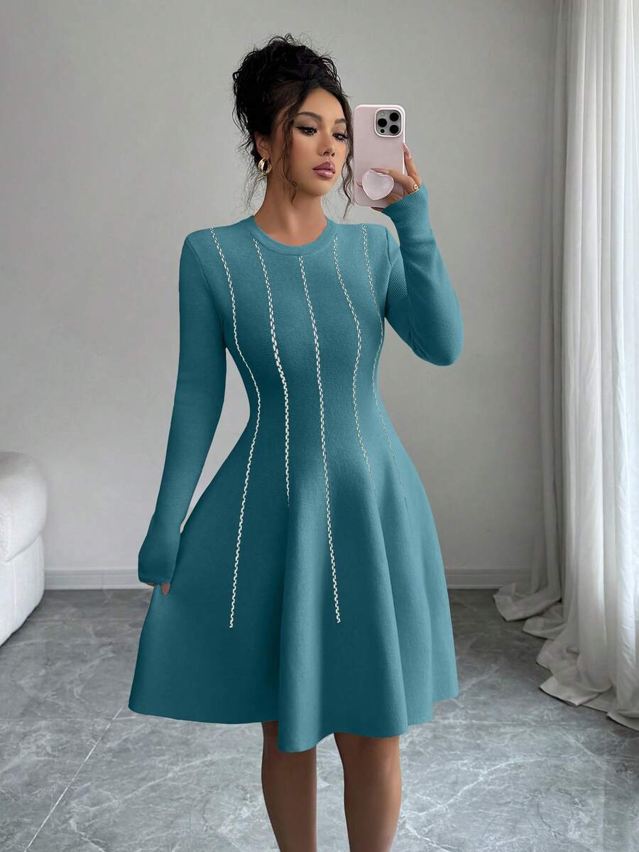 SHEIN Elenzya Autumn/Winter Korean Style Elegant Colorblock Round Neck Long Sleeve Cinched Waist Short Puff Dress - Blue - View 1