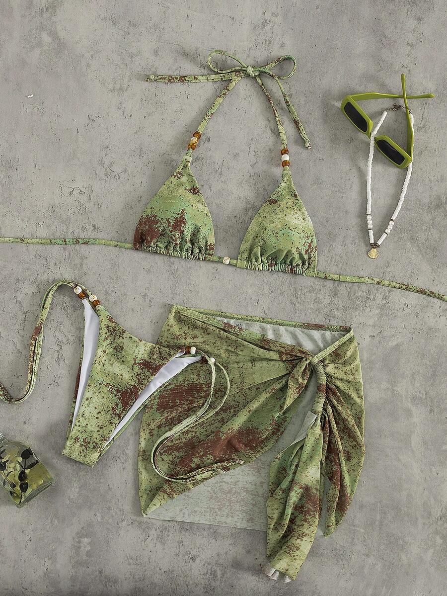 Swim Vcay 3件套绿色微三角串珠褶皱迷你裙，休闲沙滩度假比基尼泳装，春夏款 - 綠色 - 查看 1