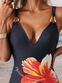 SHEIN Swim 1pc Floral Print Sexy One-Piece Swimsuit With Metal Decor, European Style For Summer Beach Vacation - Multicolor - View 4