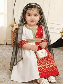 SHEIN Babygirl Elegant & Cute Palace Style Floral Print Color Block Gold Ribbon Long Sleeve Dress - Multicolor - View 1