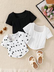 SHEIN Bộ 3 áo thun dệt kim cổ tròn màu trơn cho bé gái. - Nhiều màu - Xem 6