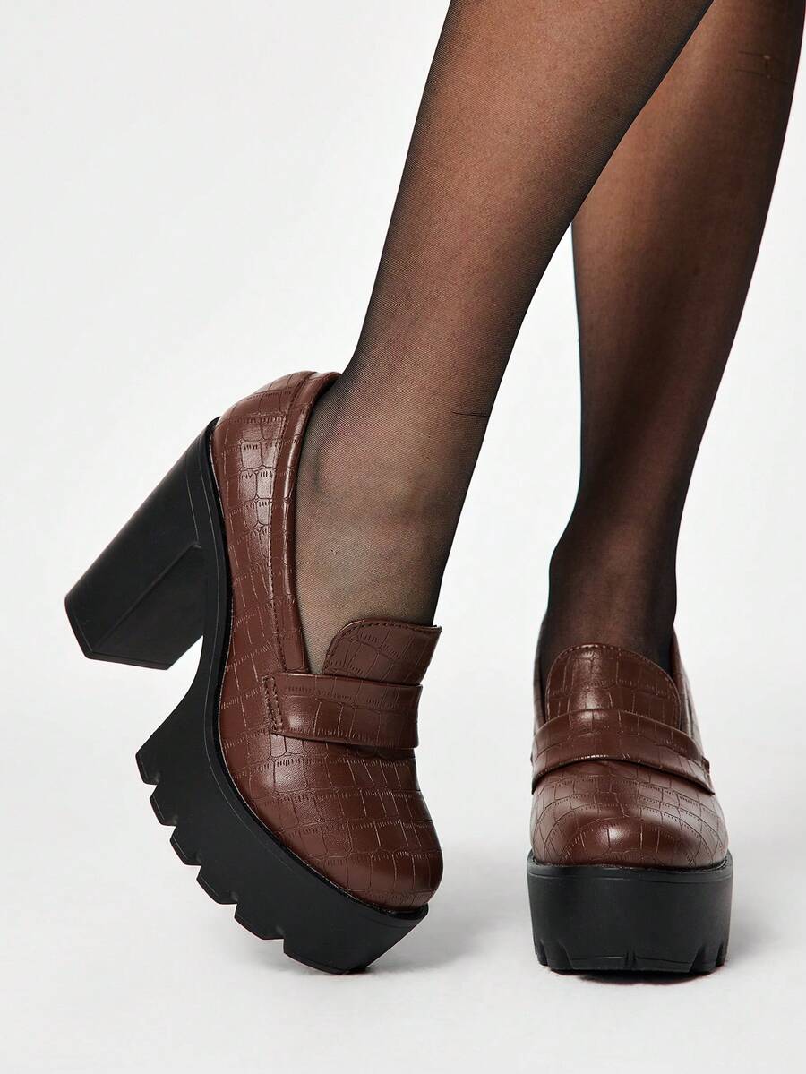 ROMWE Goth Fashionable Versatile Commute Thick Sole Chunky High Heel Pumps Valentine's Day - yellow brown - View 1