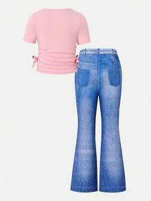SHEIN 2pcs/Set Young Girls Light Pink Summer Cartoon Rabbit Print Short Sleeve Tee Top With Drawstring Sides And Graphic Flare Pants,Kids Fashionable Set - Pink - View 7