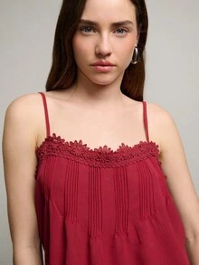 Nöista Red Camisole Features Delicate Lace Trim, Pintuck Detailing, And Adjustable Double Straps At The Back For A Customizable Fit. Spring, Summer, Woman. - Red Violet - View 5