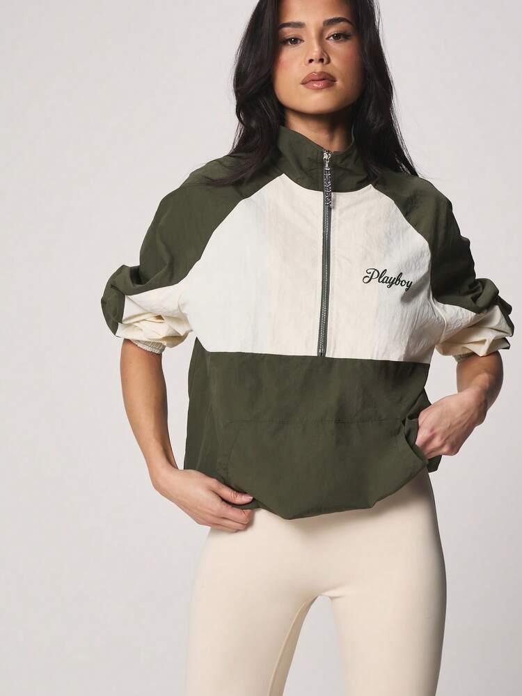 Missguided x Playboy Color Block Windbreaker Jacket With Stand Collar And Full Zip Closure For Spring Fall Outerwear