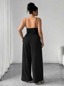 Elenzga 时尚休闲浪漫复古优雅V领收腰连体裤，通勤必备 - 黑色 - 查看 2