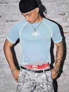 AXEPEAK Men's Geometric Print Raglan Short Sleeve Slim Fit T-Shirt - Blue - View 3