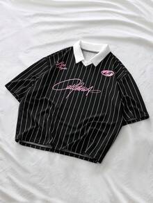 AXEPEAK 男士休闲条纹字母印花短袖Polo衫，夏季 - 黑色 - 查看 6