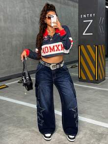 Jeanoix 大码纯色休闲牛仔裤 - 深色水洗藍 - 查看 7