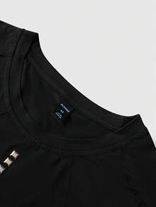 ROMWE MEN Street Life Áo thun nam, thiết kế phong cách đường phố Mỹ, phối màu cam chanh, tay ngắn, thích hợp mặc thường ngày cho mùa xuân/hè. - màu đen - Xem 3