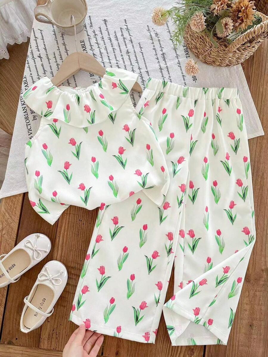 LMoss Kids LMoss   Young Girl Floral Print Ruffle Hem Top And Pants Cute Set - Multicolor - View 1