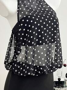 Elamini Black Polka Dot Print High Neck Halter Backless Mini Dress, Women's Spring/Summer , Vacation, Retro, Elegant, Commute, Office, Minimalist, Versatile - Black - View 4