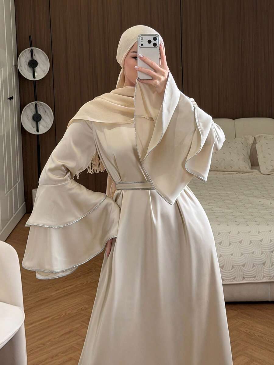 DAZY Đầm maxi tay bồng màu trơn thanh lịch dành cho nữ, đầm dự tiệc cưới mùa xuân, đầm maxi mùa hè. - Màu be - Xem 1