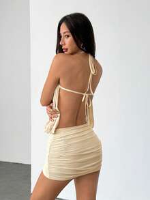 SHEIN PETITE Romantic Backless Sexy Halter Mini Pink Mesh Party Dress For Valentine's Day - Apricot - View 7