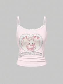 ROMWE Kawaii Bộ đồ ngủ gồm áo hai dây ren và quần short xếp ly in hình thỏ, bướm và hoa dễ thương và duyên dáng, thích hợp mặc ở nhà. - Hồng - Xem 3