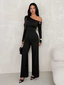 SHEIN PETITE Bộ jumpsuit đen trơn thanh lịch mùa xuân hè, kiểu dáng bất đối xứng vai, tay dài, trang trí khóa kim loại, ống rộng, phù hợp cho các buổi hẹn hò, đi chơi, dự tiệc hàng ngày, kiểu dáng thanh lịch cho nữ, jumpsuit bất đối xứng, jumpsuit ống rộng, jumpsuit ngày Valentine, jumpsuit mặc hàng ngày, jumpsuit duyên dáng, jumpsuit đen ống rộng, jumpsuit đen tay dài một vai, jumpsuit đen thanh lịch, jumpsuit một mảnh cho nữ, jumpsuit đen một vai gợi cảm, jumpsuit đen cho nữ, jumpsuit một mảnh đen thanh lịch - màu đen - Xem 6